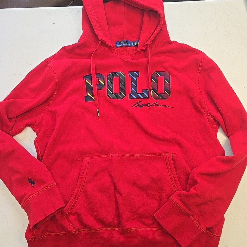 POLO RALPH LAUREN‎ Hoodie Large Mens Red Blue Striped Logo Fleece Sweater Horse